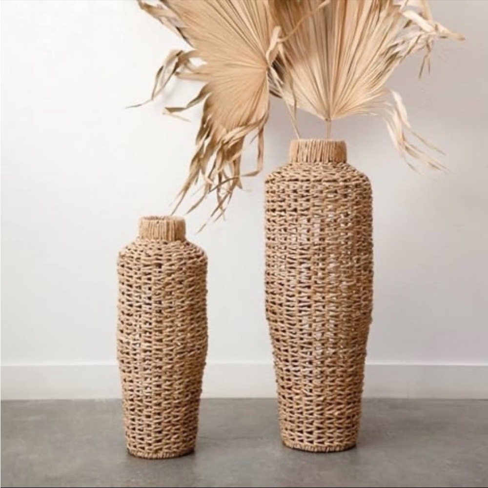 22" Handwoven Water Hyacinth & Rattan Floor Vase